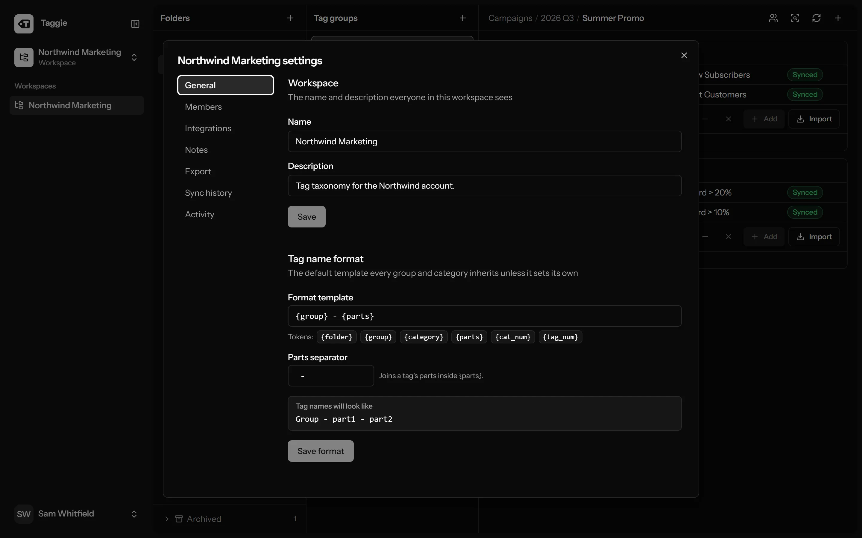 Workspace naming template settings with tokens and a live preview