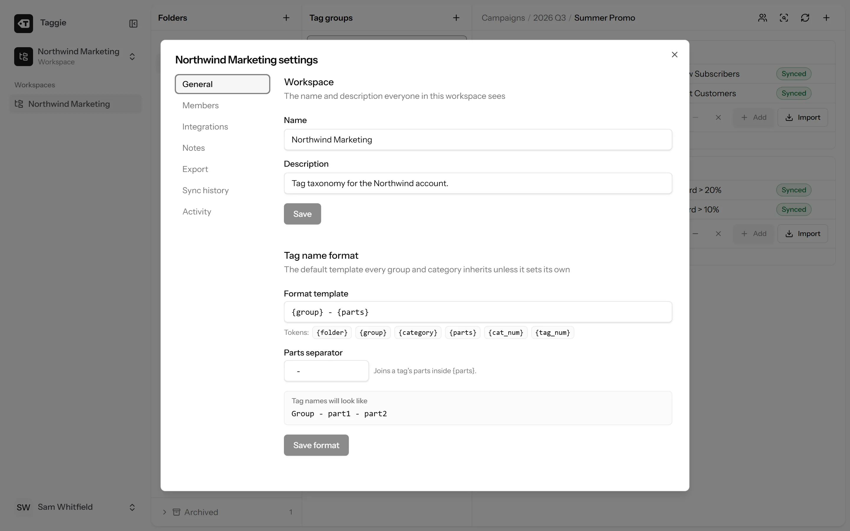 Workspace naming template settings with tokens and a live preview