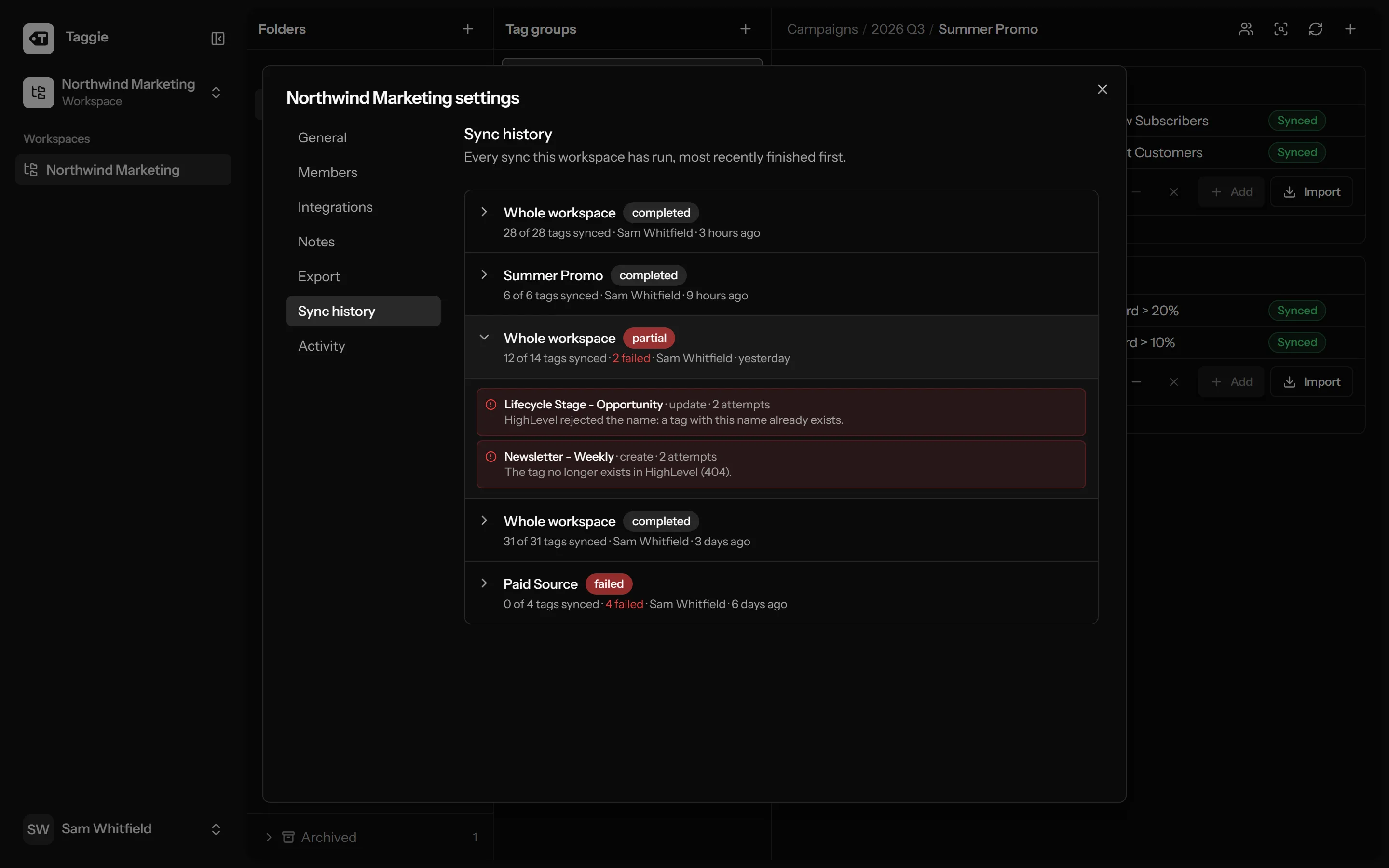 HighLevel sync history with complete, partial and failed runs and operation details