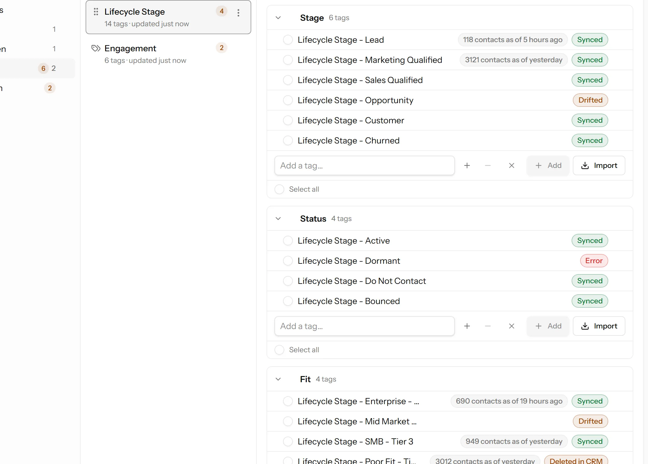Taggie group view showing synced, drifted, error and deleted-in-CRM status badges