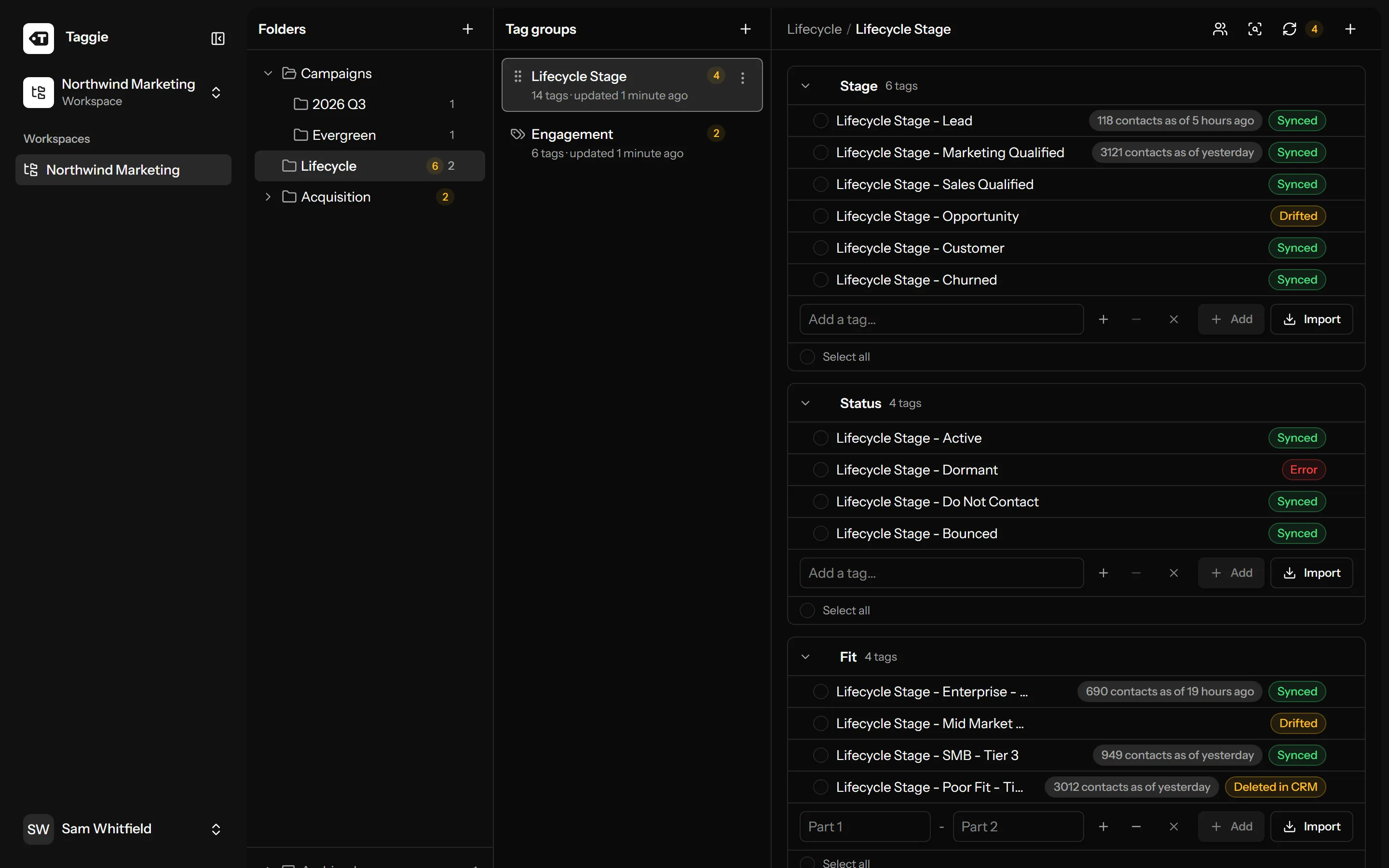 Taggie workspace showing nested folders, tag groups, contact counts and HighLevel sync states