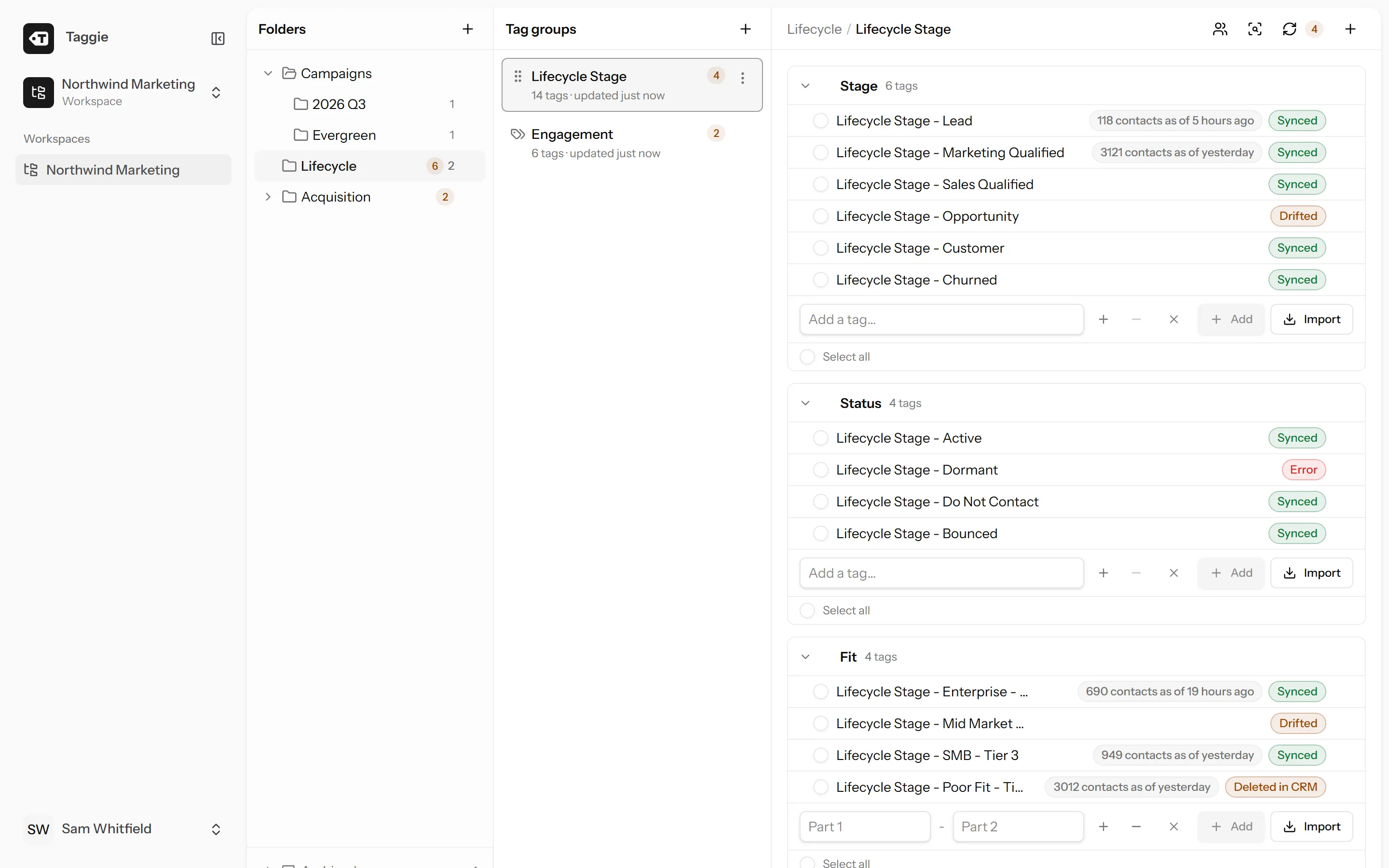 Taggie workspace showing nested folders, tag groups, contact counts and HighLevel sync states